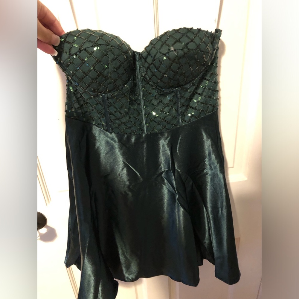 NWT LuLu’s Going Glam Dark Green Sequin Bustier Skater Dress